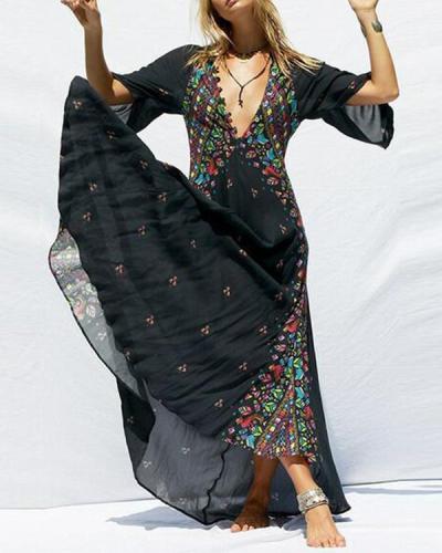 Boho Deep V-Neck Tribal Printed Maxi Dresses