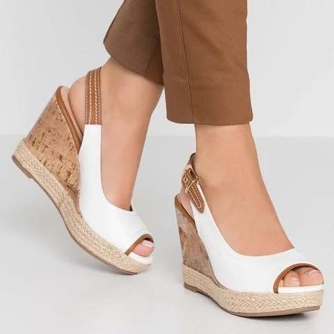 Plus Size Leather Peep Toe Wedge Heel Sandals