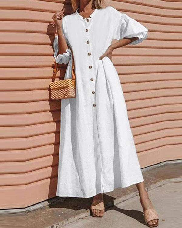 Solid Buttoned Balloon Sleeves Loose Maxi Dress