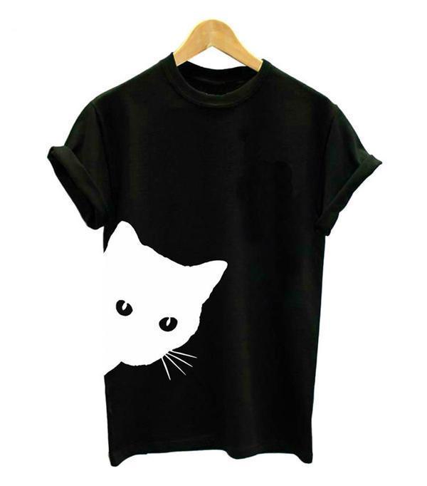Women Casual Funny Print Cat Looking Outside Plus Size T-shirts Tops