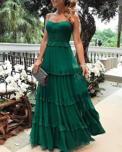 Green Chiffon Layered Long Prom Maxi Dresses