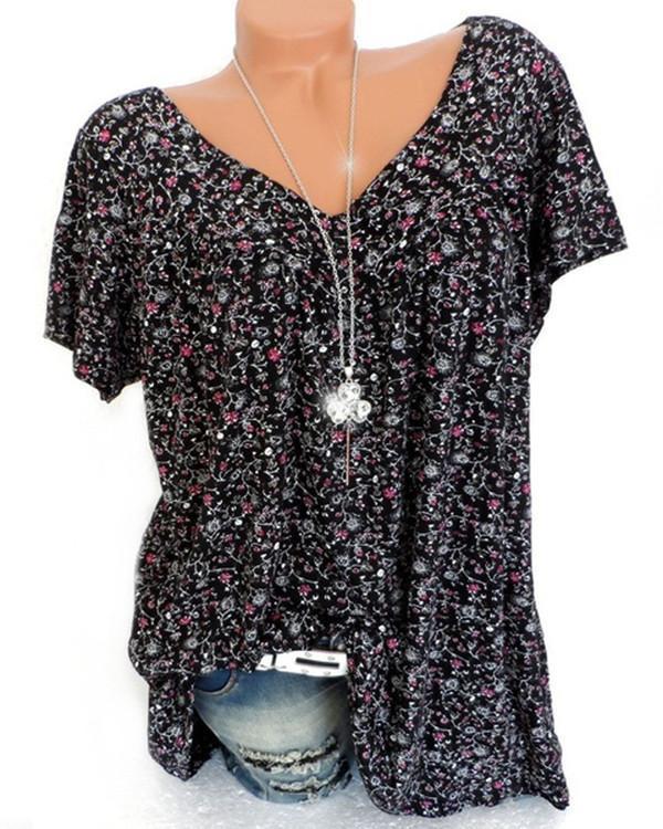 Plus Size Women Fashion Blouse Casual Loose Floral Printed Tops