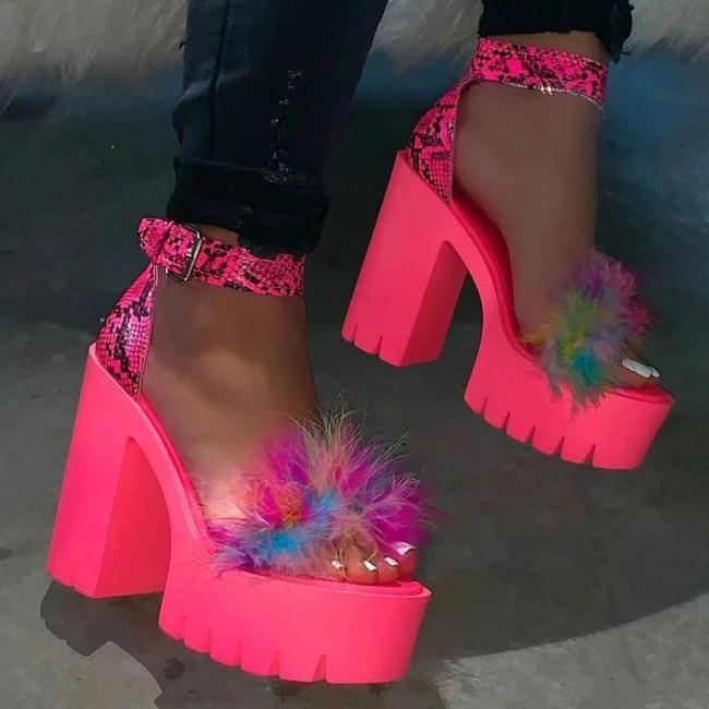 chunky heel buckle ankle strap platform sandals with fur