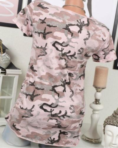 Women Crew Neck Camouflage Printed Cotton-Blend Casual T-Shirts