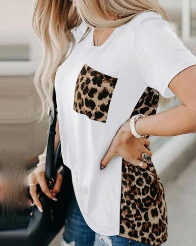 Leopard Printed Splicing T-Shirt Tee Without Necklace