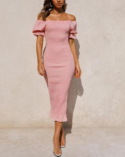 Off Shoulder Slim Fit Pleated Puff Sleeve Bodycon Dress