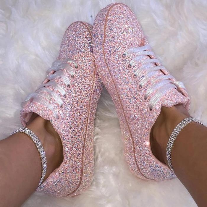 Classic Fashion Paillette Lace-Up Round Toes Sneakers
