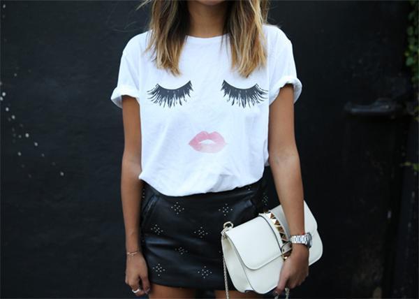 Women Casual Round Neck Lips Printed Short Sleeve T-Shirts Tops