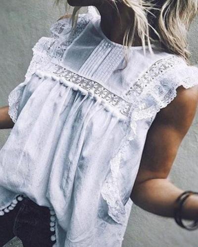 Fashion Crew Neck Sleeveless Hollow Solid Blouses Tops