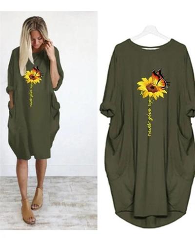 Sumflower Printing Oversized Long T-Shirt Midi Dress With Pockets