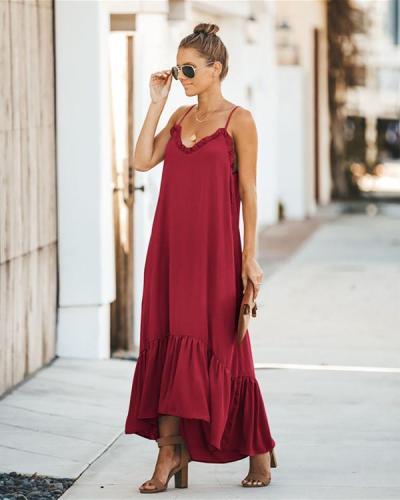 Women Sleeveless Sling Dress with Stitching Hemline Solid Color Maxi Dress