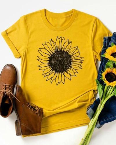 Vintage Short Sleeve Sunflower Printed Plus Size Casual Tops