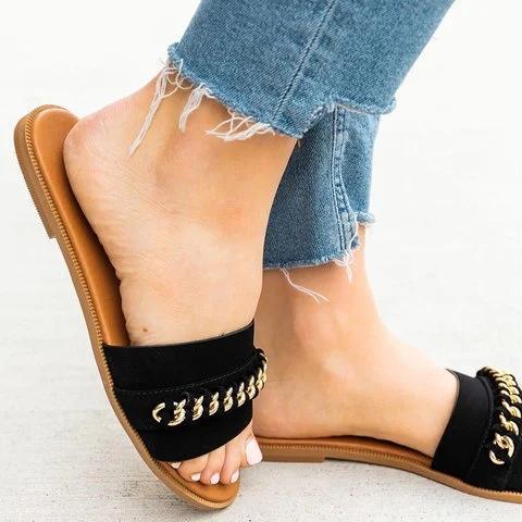 Women Flat Heel Casual Slides PU Plus Size Slippers