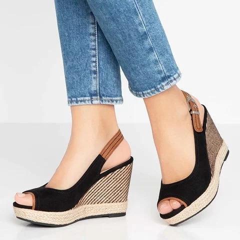 Plus Size Leather Peep Toe Wedge Heel Sandals