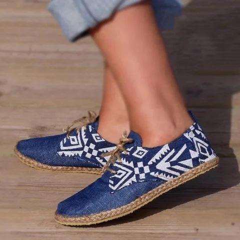 Blue Lace-Up Cloth Flat Heel Round Toe Espadrille Loafers