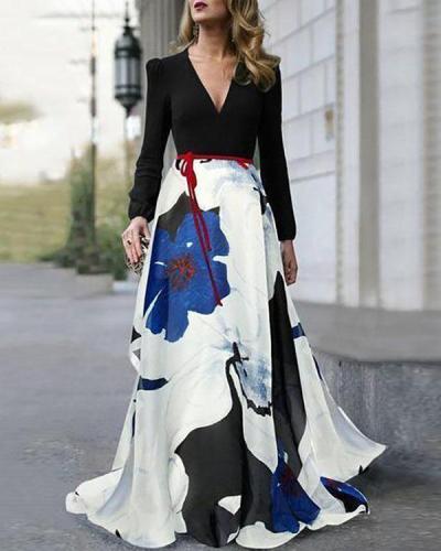 V-Neck Belt Floral Printed Maxi Dress
