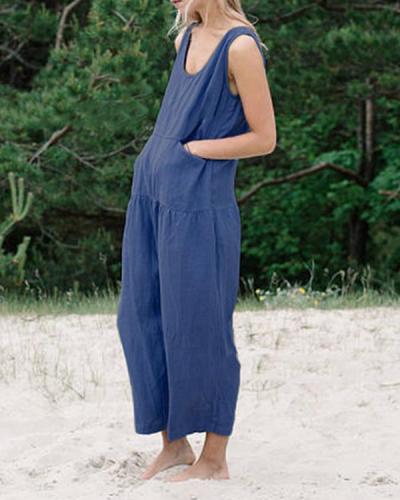 Summer Casual Plus Size Sleeveless Solid Jumpsuit