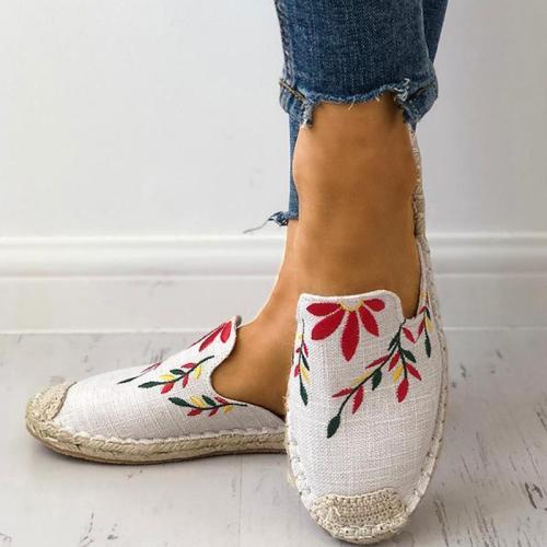 Women Fashion Embroidered Espadrille Flat Slippers Shoes Canvas Low Heel Daily Slip On