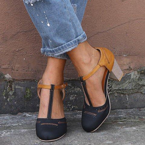 Women Vintage Color Block Sandals Casual Chunky Heel Buckle Shoes