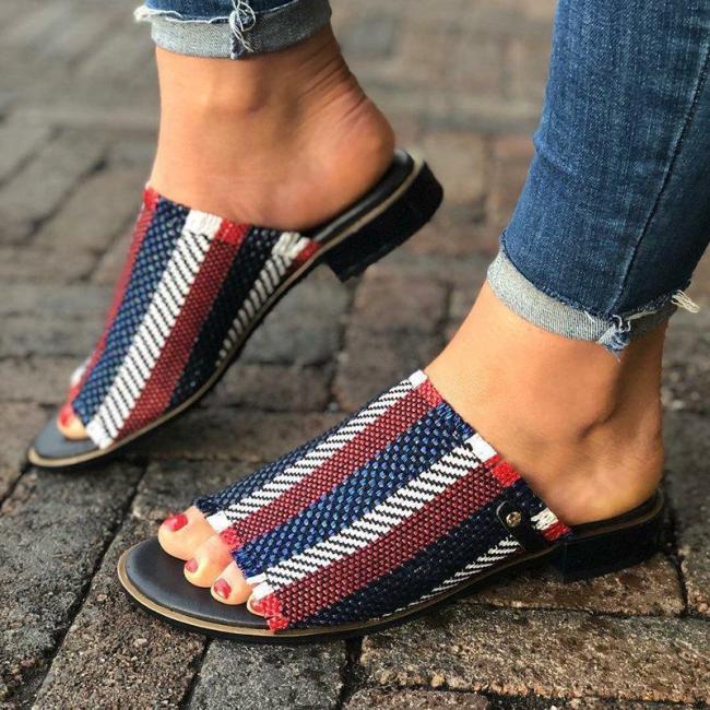 STRIPES LOW HEELS CASUAL SIMPLE SLIPPERS WOMEN SANDALS