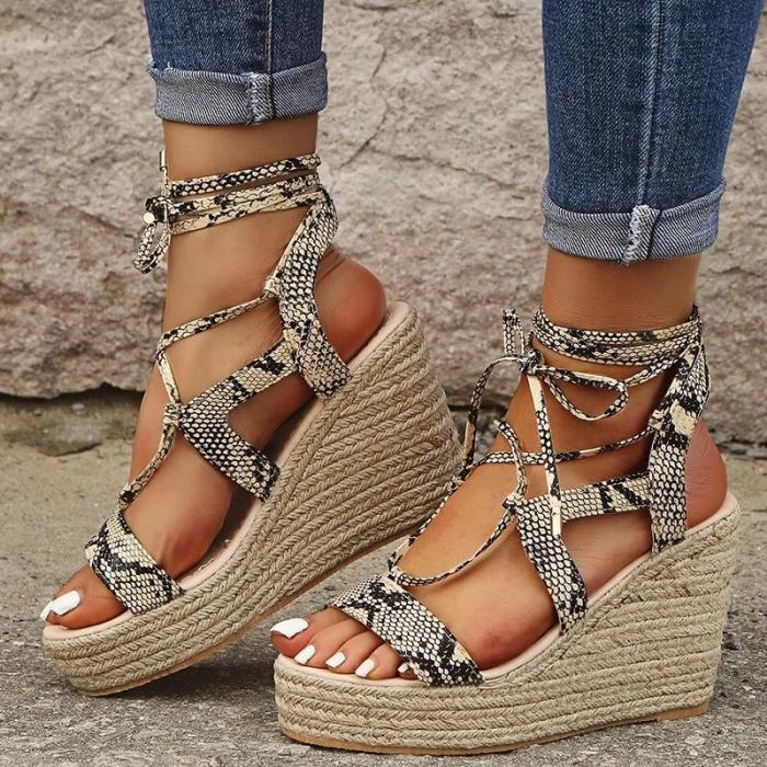Women Cross-Strap Lace Up Wedge Sandals