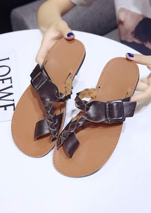 Solid Buckle Braid Flat Sandals Slippers
