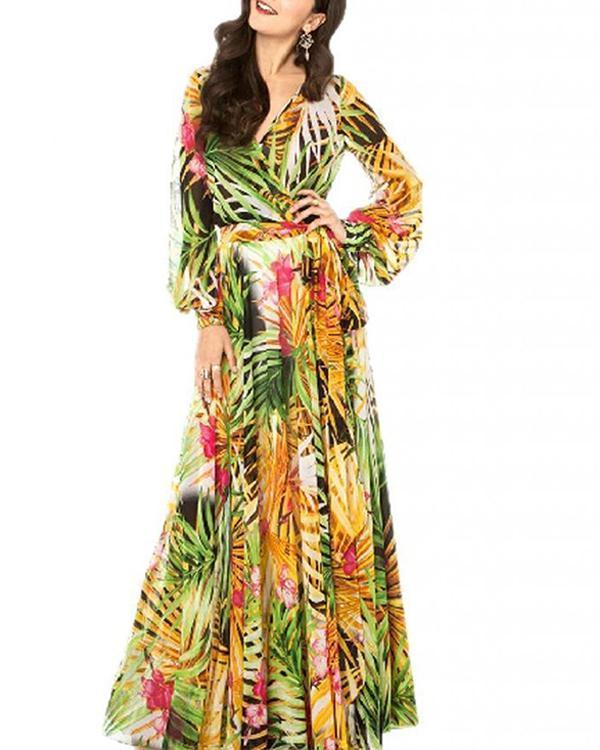 Green Tropical Beach Vintage Maxi Dresses Boho Casual V Neck Belt Lace Up Plus Size Dress
