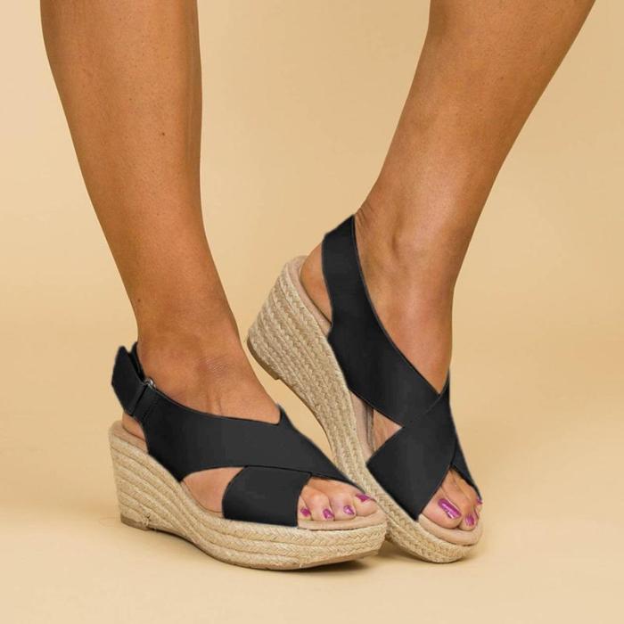 Women Peep Toe Magic Tape Wedges Crossed Sandals
