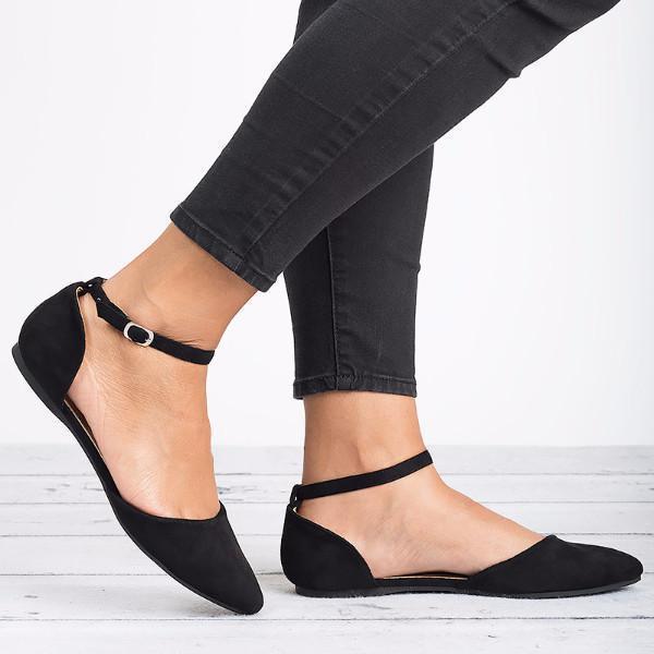 black pointed toe flats with ankle strap