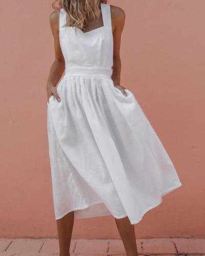 Summer Sexy Strap Button Pleated Solid Sleeveless Dress