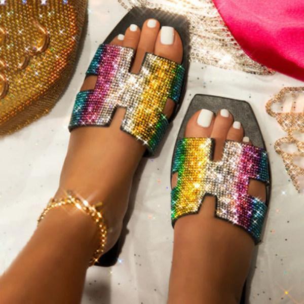 Women's square bottom rhinestone outdoor sandals and slippers