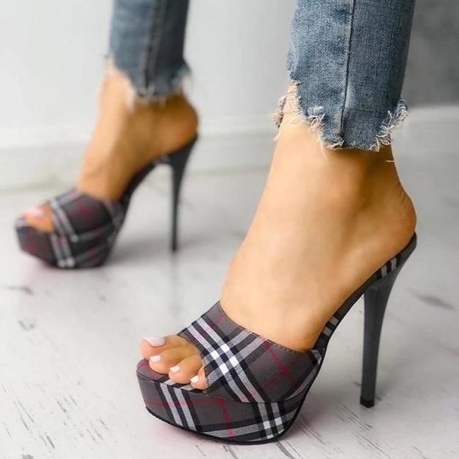 Colawings Plaid Stilettos Thin Heeled Sandals
