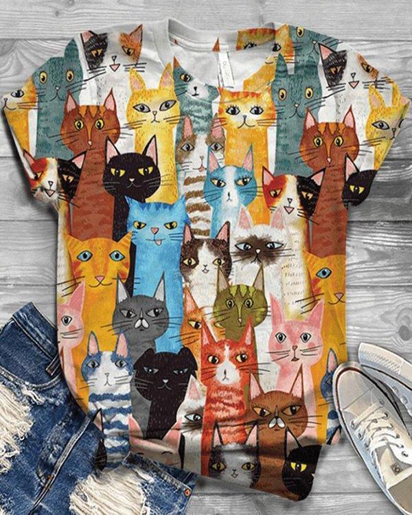 Multicolor Cat Printed Short Sleeve Shirts & Tops