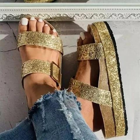 Golden Rhinestone Summer Artificial Leather Block Heel Slippers