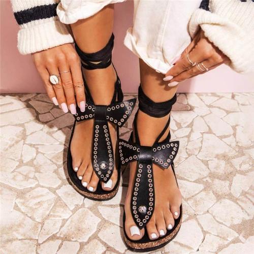 Women Bowknot Metal Circle Thongs Lace-up Flat Heel Sandals