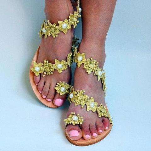 Women Slide Holiday Pu Flower Flat Heel Sandals