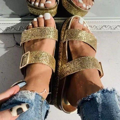 Golden Rhinestone Summer Artificial Leather Block Heel Slippers