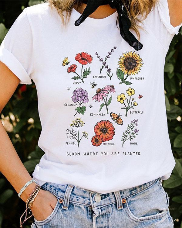 Flower Women's T-shirt Round Neck Short Tops