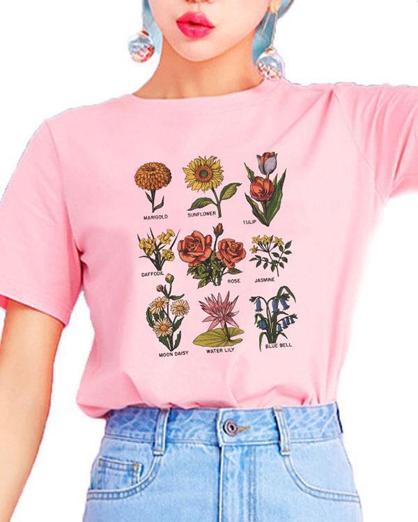 Flower Women's T-shirt Round Neck Short Tops