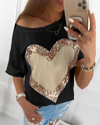 Casual Heart Printed Round Neck T-Shirt