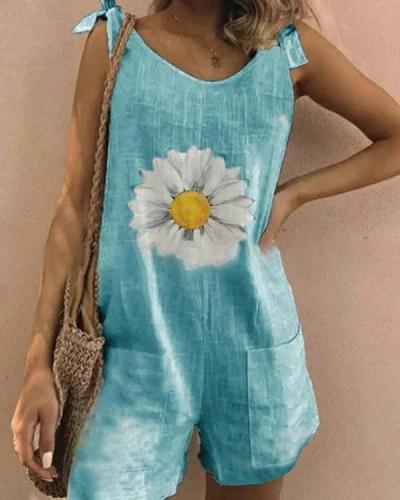 Daisy Print Tie Sleeveless Holiday Paneled Pockets Romper