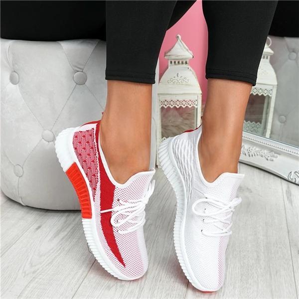 Women Flyknit Fabric Hit Color Lace Up Breathable Sneakers