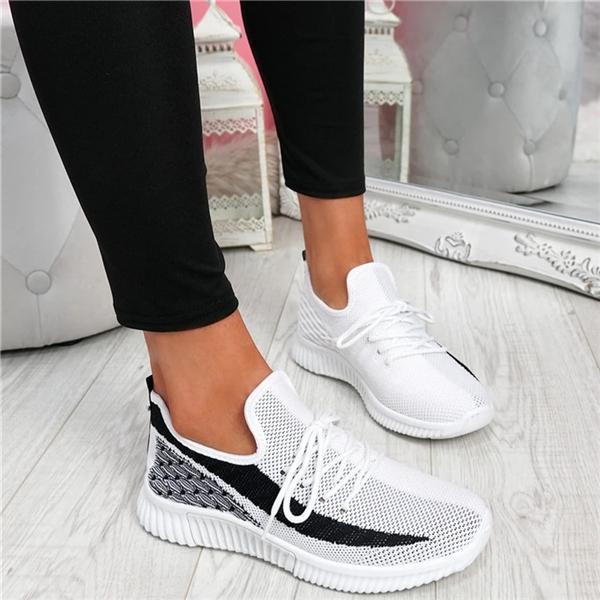 Women Flyknit Fabric Hit Color Lace Up Breathable Sneakers