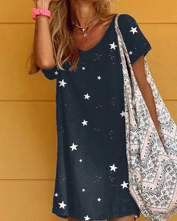Star Printed Holiday Casual Short Sleeve Dresses