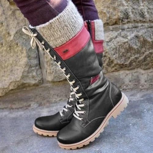 Vintage Lace Up Flat Heel Mid-calf Boots