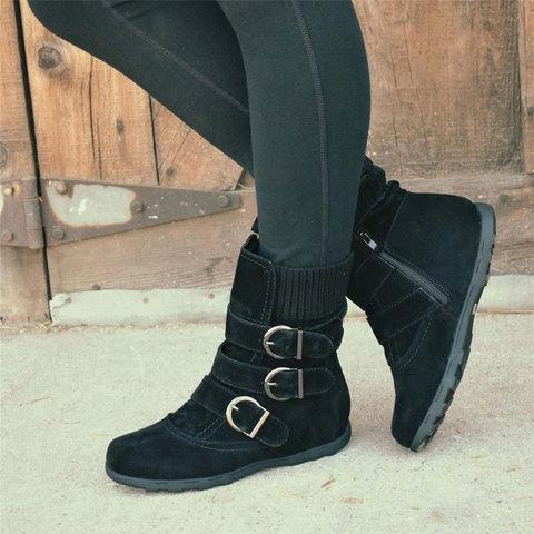 Cushioned Low-Calf Buckled Boots Low Heel Knitted Fabric Zipper Slip On Boots