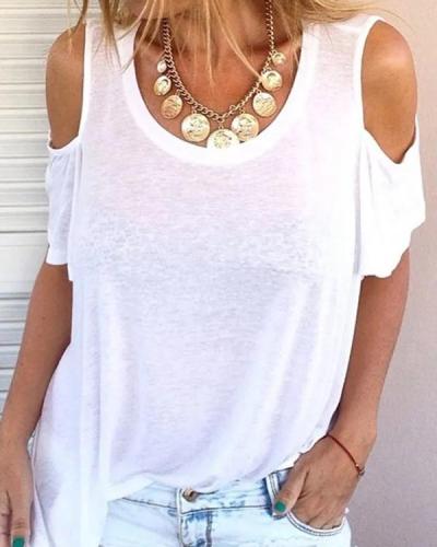 Women Tops Cold Shoulder Round Neck Sexy Casual T-Shirts