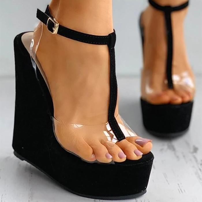 T-strap Wedges Buckled Ankle Strap Black Slingback Sandals