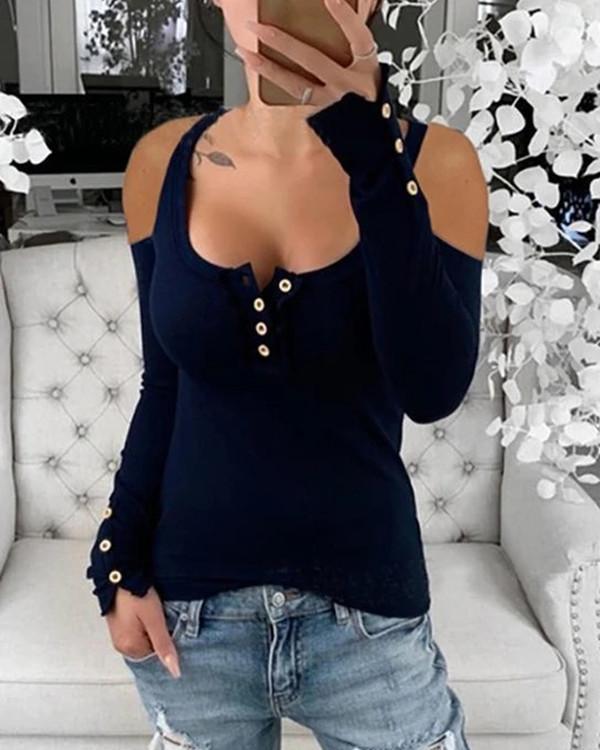 Cold Shoulder Long Sleeves Button Up Casual Knit Blouses