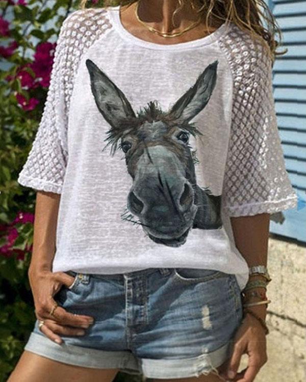 Cute Donkey Head Printed Lace Patchwork Short Sleeve T-shirt